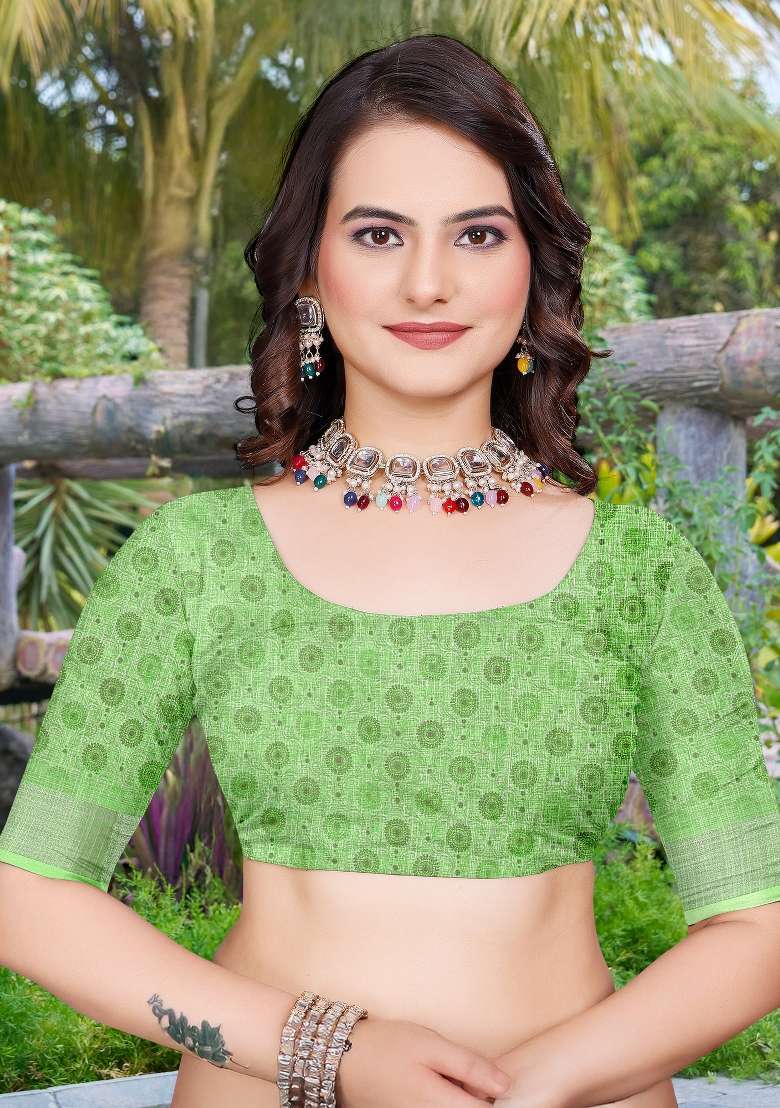 Light Green Printed Cotton Linen Saree Set - Indya