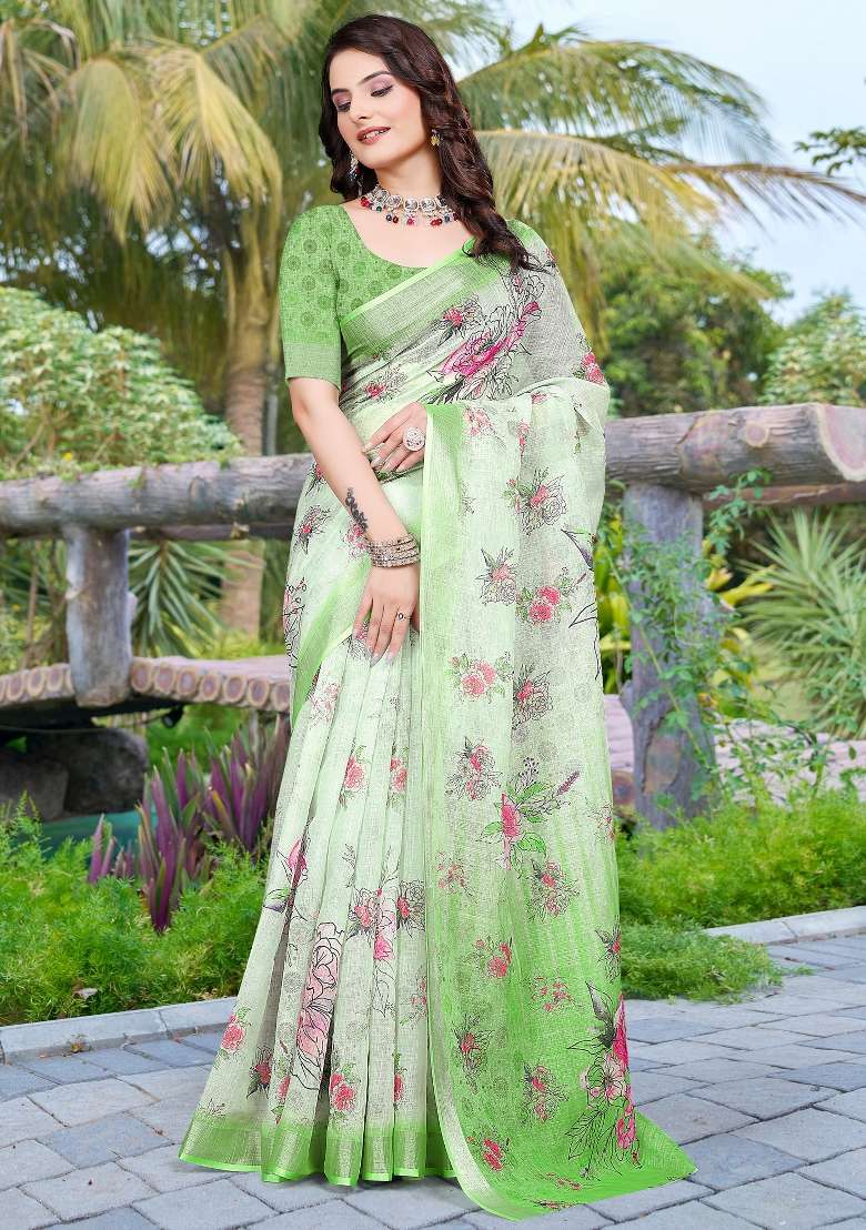 Light Green Printed Cotton Linen Saree Set - Indya
