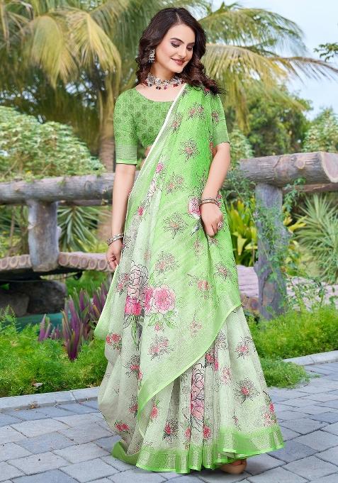 Light Green Printed Cotton Linen Saree Set — view on Indya