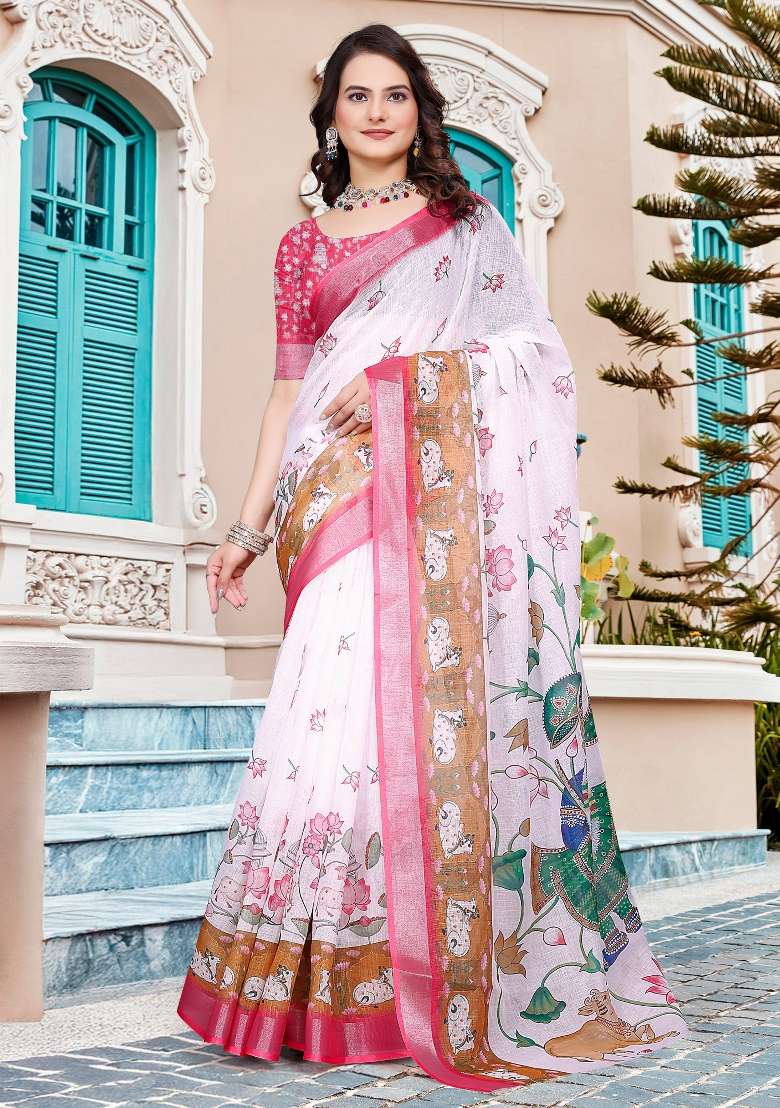 White Linen Cotton Saree Set with Printed for Diwali | Wedding & Festive Wear - Indya