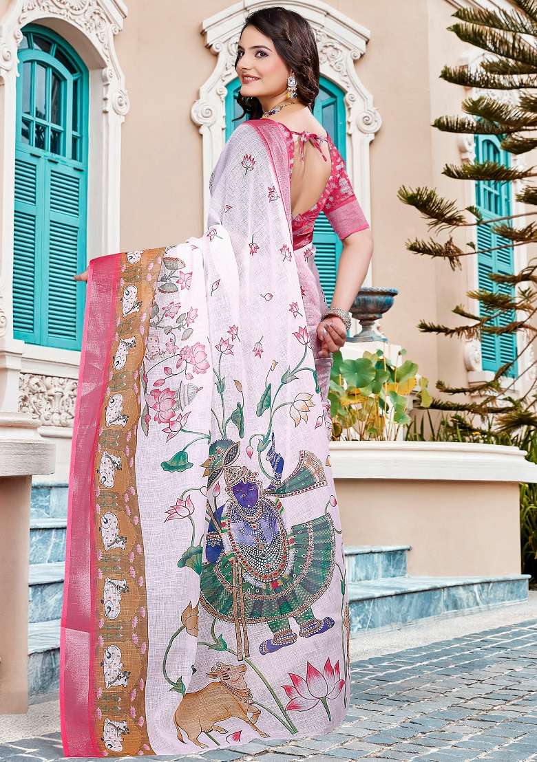 White Linen Cotton Saree Set with Printed for Diwali | Wedding & Festive Wear - Indya
