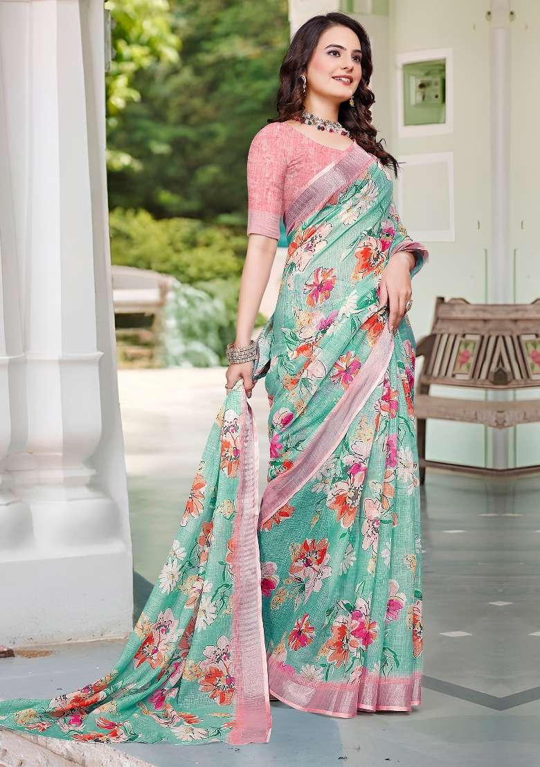 Sea Green Printed Cotton Linen Saree Set - Indya