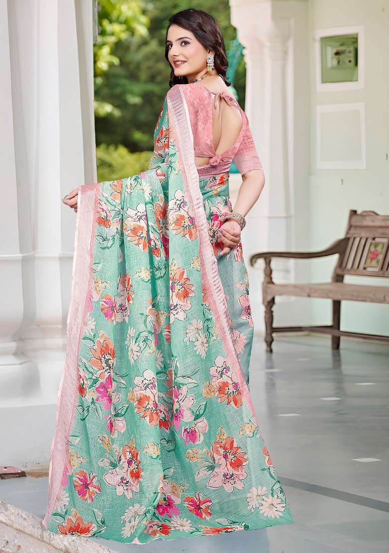 Sea Green Printed Cotton Linen Saree Set - Indya