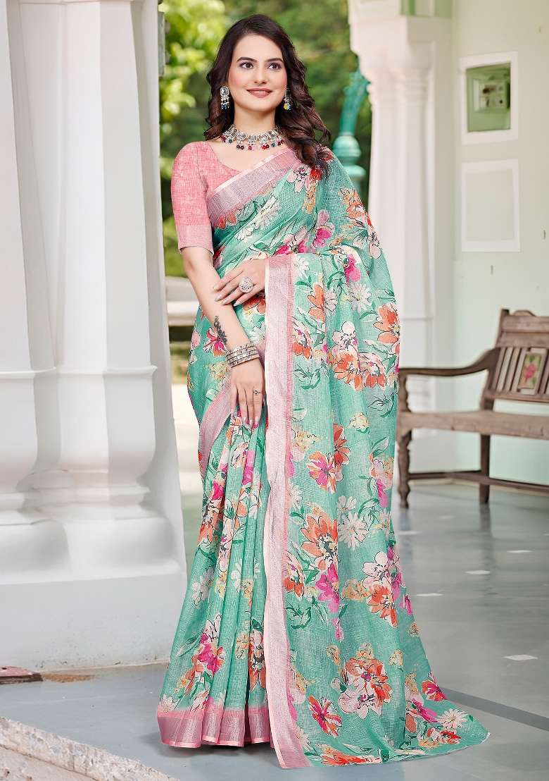 Sea Green Printed Cotton Linen Saree Set - Indya