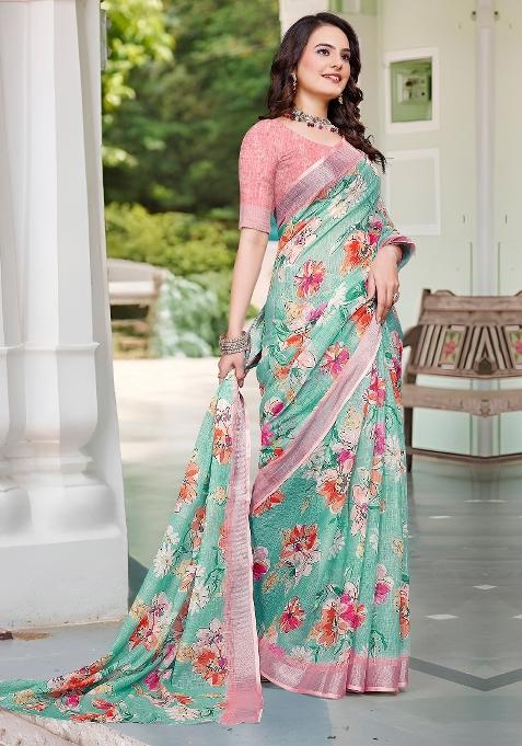 Sea Green Printed Cotton Linen Saree Set — view on Indya