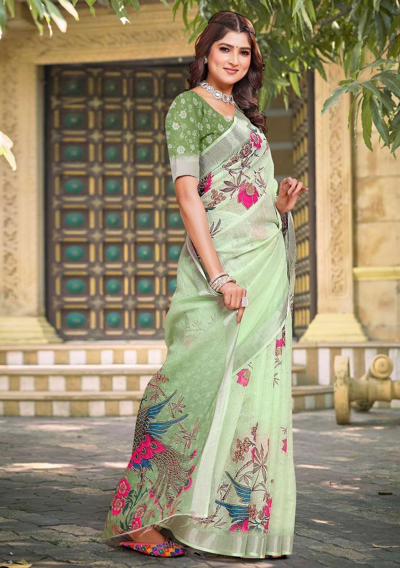 Light Green Linen Cotton Saree Set with Printed for Diwali | Wedding & Festive Wear - Indya