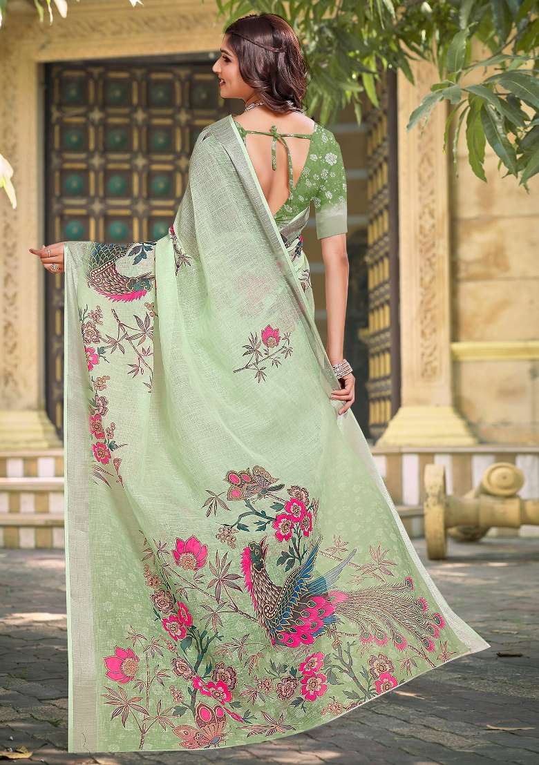 Light Green Linen Cotton Saree Set with Printed for Diwali | Wedding & Festive Wear - Indya