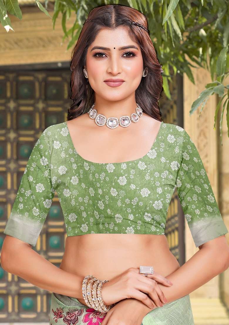 Light Green Linen Cotton Saree Set with Printed for Diwali | Wedding & Festive Wear - Indya