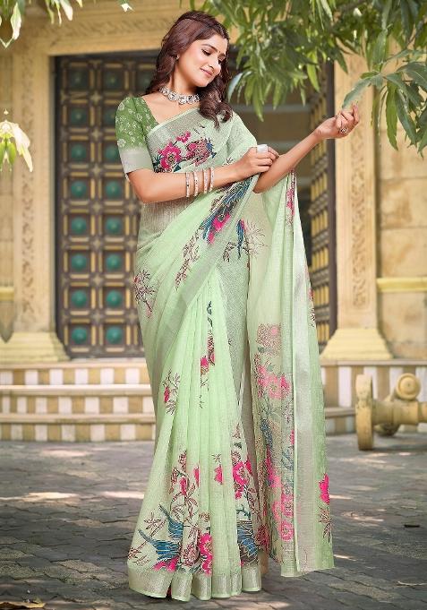 Light Green Printed Cotton Linen Saree Set — view on Indya