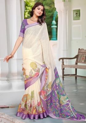 Off White Printed Cotton Linen Saree Set