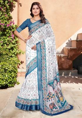White Printed Cotton Linen Saree Set