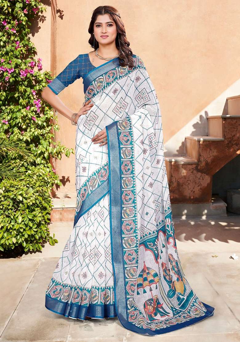 White Linen Cotton Saree Set with Printed for Diwali | Wedding & Festive Wear - Indya