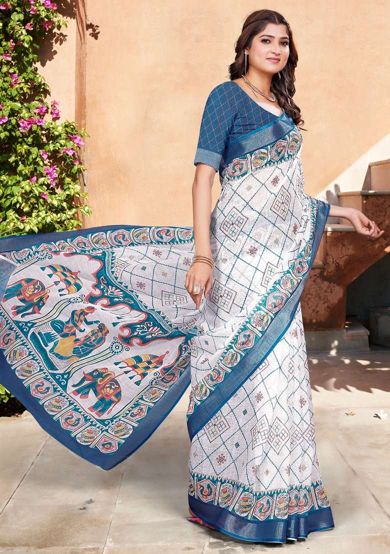 White Linen Cotton Saree Set with Printed for Diwali | Wedding & Festive Wear - Indya