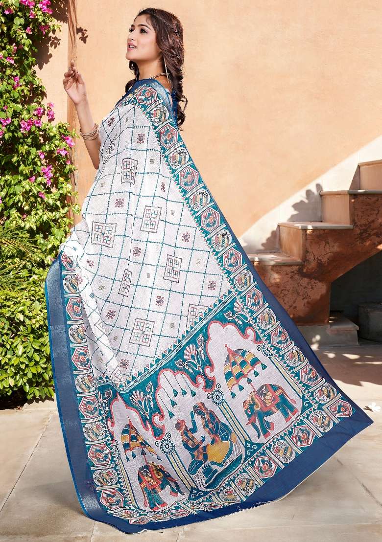 White Linen Cotton Saree Set with Printed for Diwali | Wedding & Festive Wear - Indya