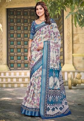 Off White Printed Cotton Linen Saree Set