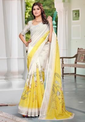 Off White Printed Cotton Linen Saree Set