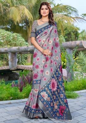 Grey Printed Cotton Linen Saree Set