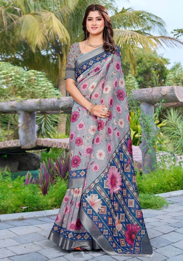 Grey Printed Cotton Linen Saree Set for Diwali and Festive Wear - Indya