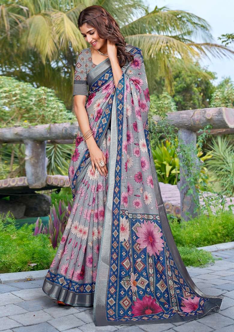 Grey Printed Cotton Linen Saree Set for Diwali and Festive Wear - Indya