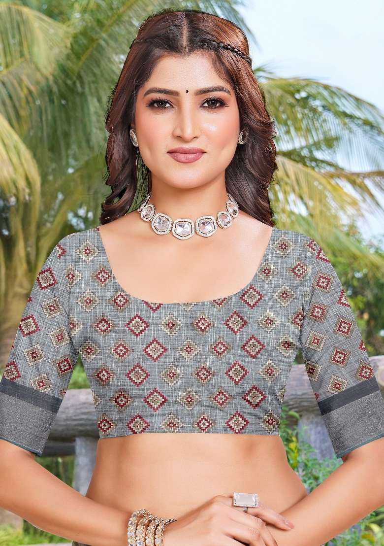 Grey Printed Cotton Linen Saree Set for Diwali and Festive Wear - Indya