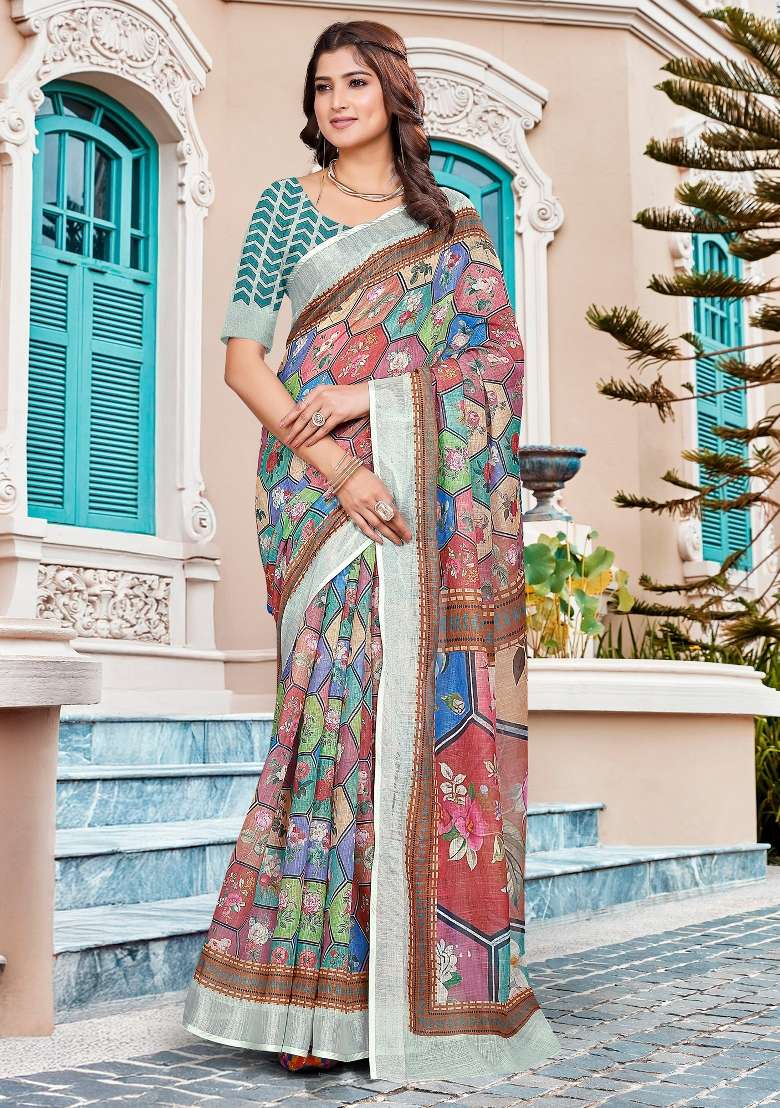 Brown Printed Cotton Linen Saree Set - Indya