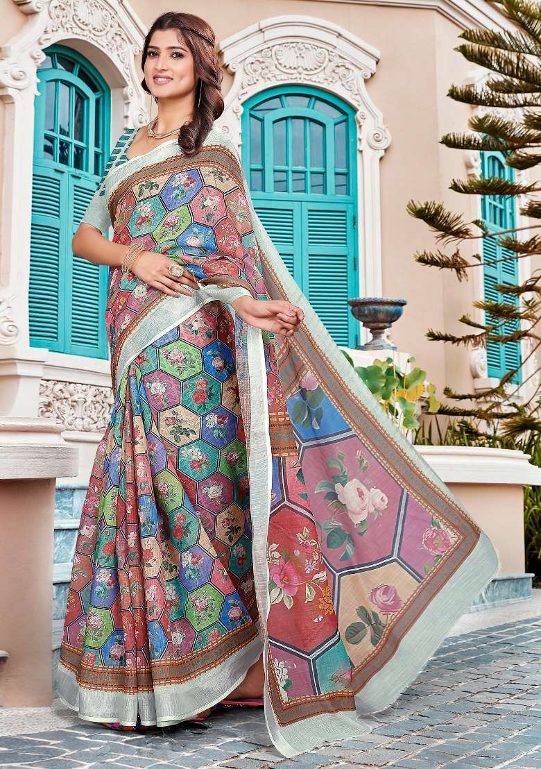 Brown Printed Cotton Linen Saree Set - Indya