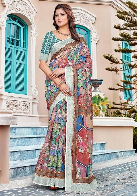 Brown Printed Cotton Linen Saree Set — view on Indya