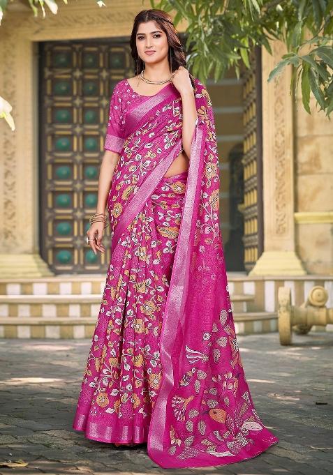 Pink Printed Cotton Linen Saree Set — view on Indya
