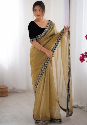Camel Brown Printed Net Saree Set