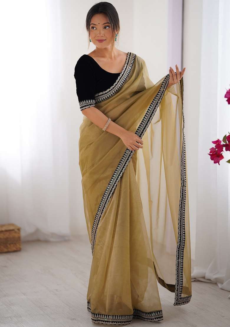 Camel Brown Printed Net Saree Set - Indya