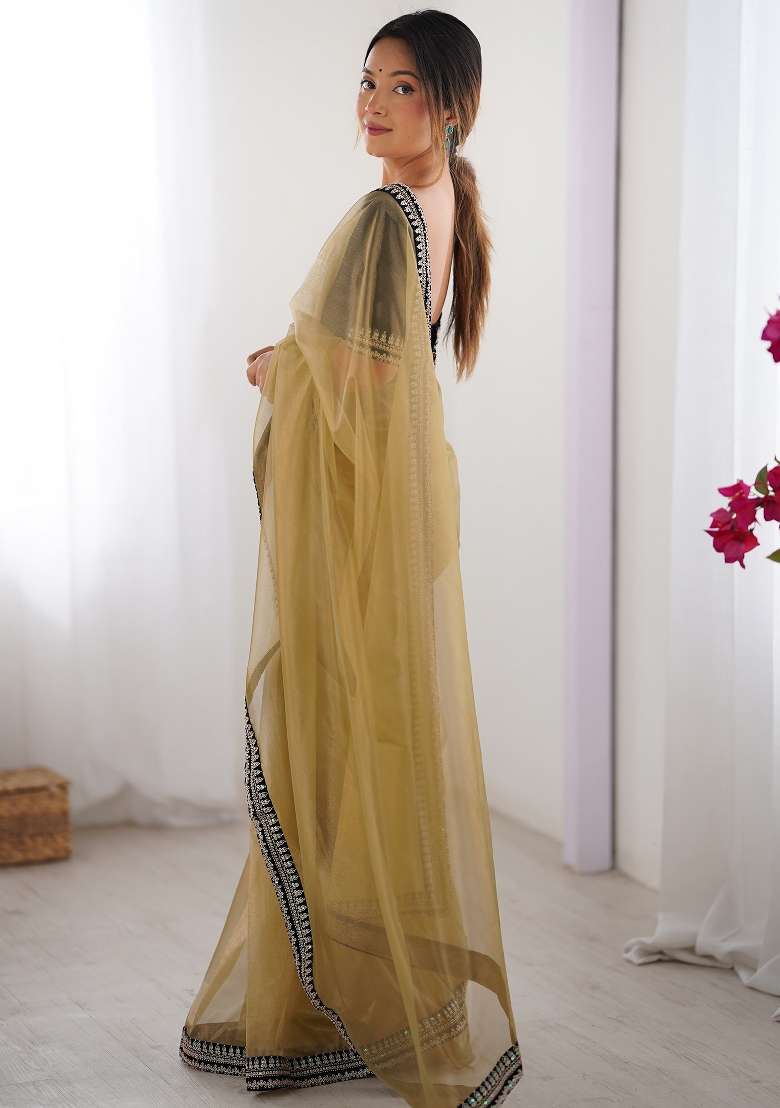 Camel Brown Printed Net Saree Set - Indya