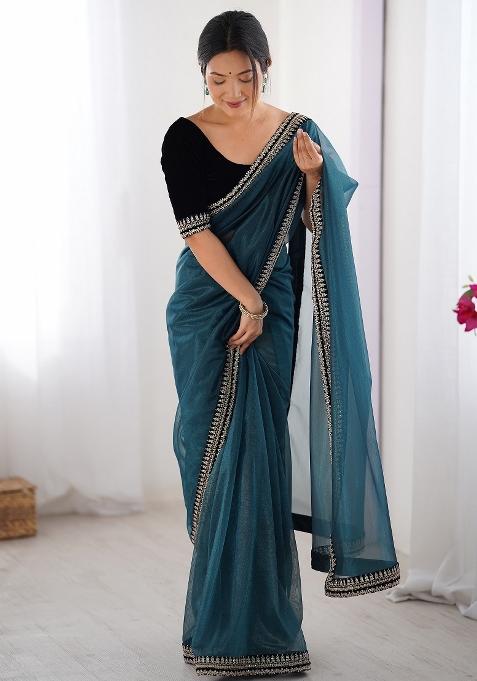 Teal Blue Printed Net Saree Set — view on Indya