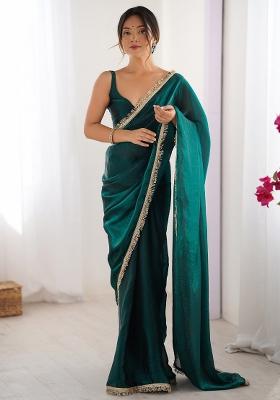 Teal Green Printed Satin Saree Set