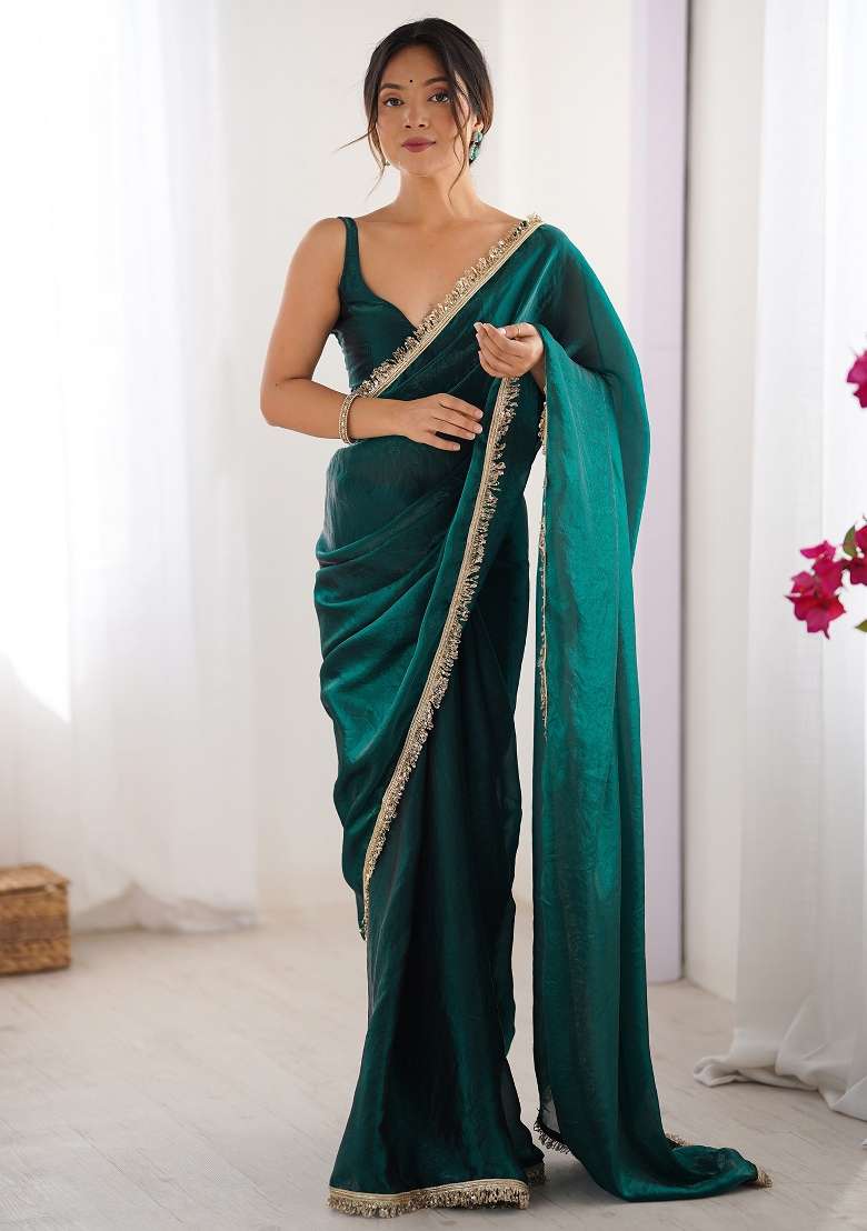 Teal Green Printed Satin Saree Set - Indya