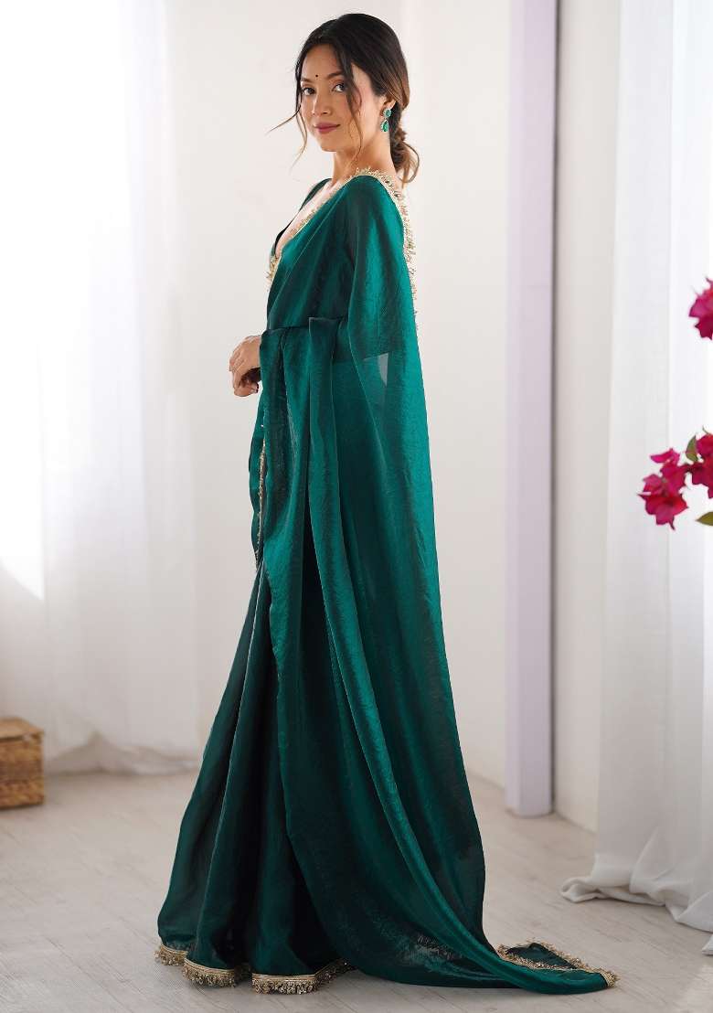 Teal Green Printed Satin Saree Set - Indya