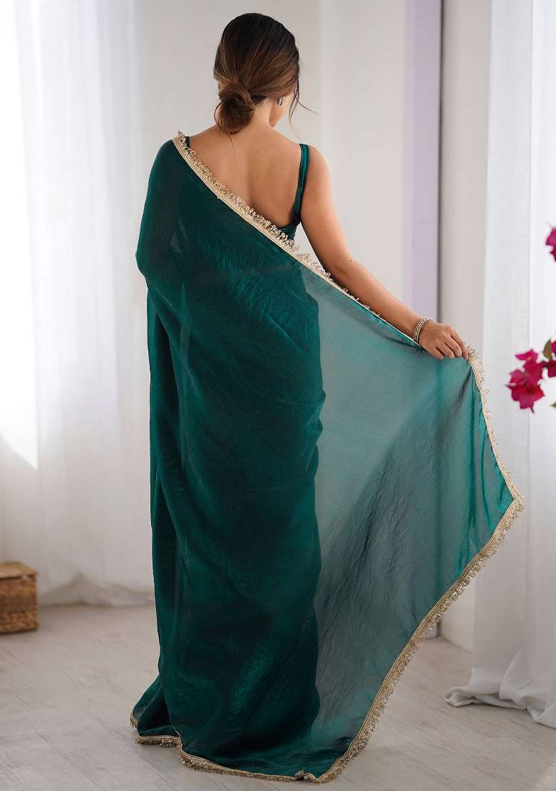 Teal Green Printed Satin Saree Set - Indya