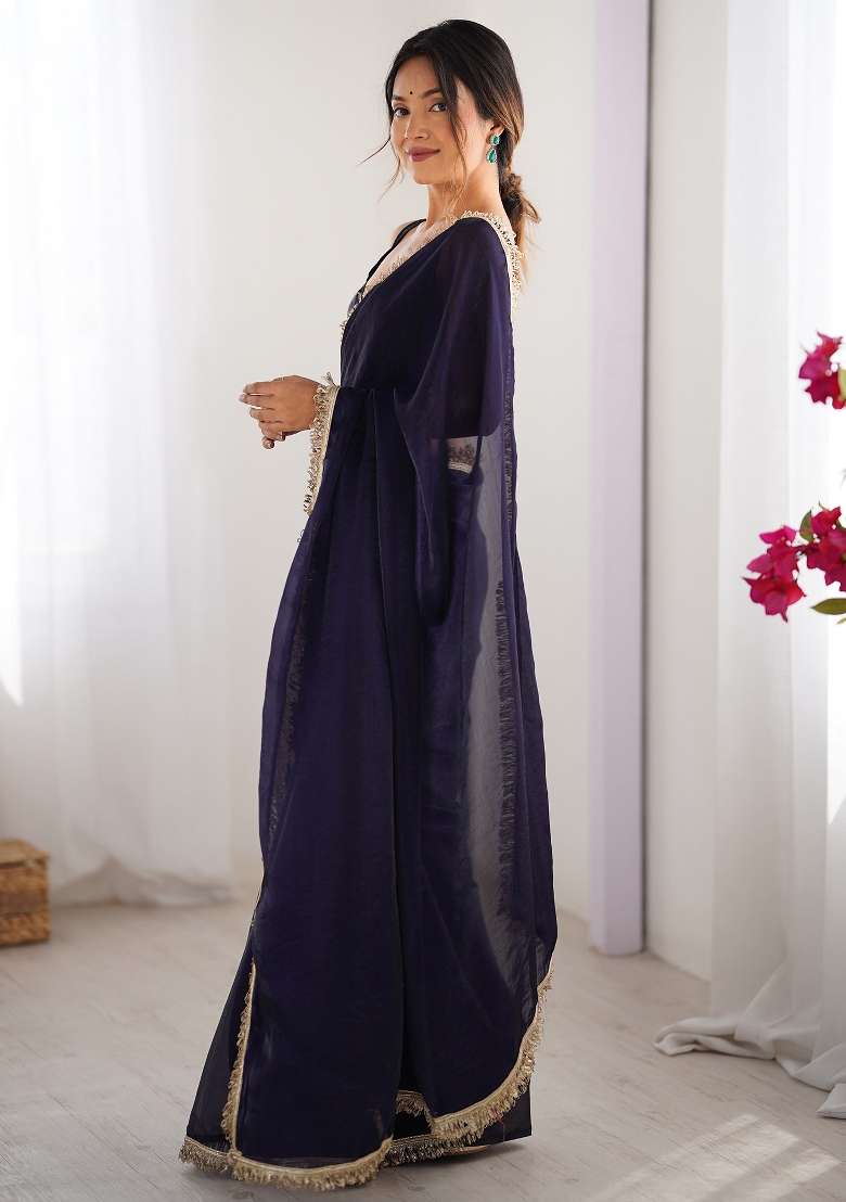 Purple Printed Satin Saree Set - Indya