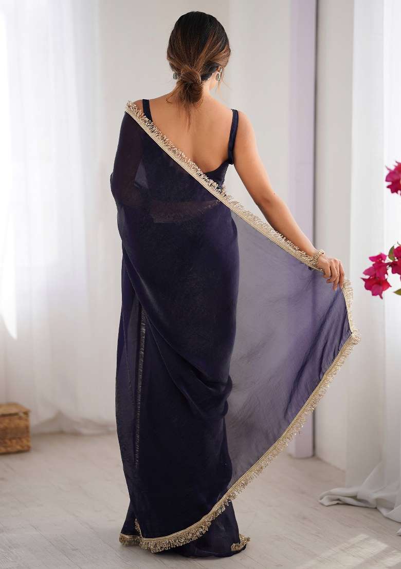 Purple Printed Satin Saree Set - Indya