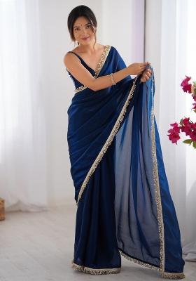 Teal Blue Printed Satin Saree Set