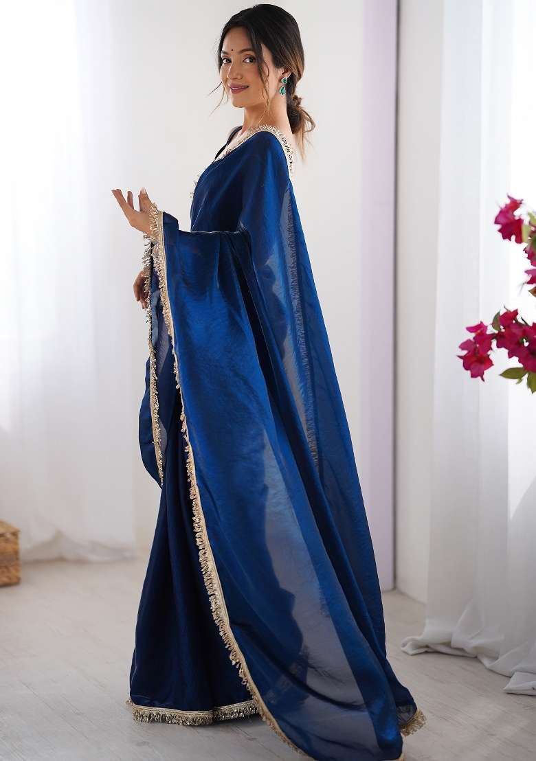 Teal Blue Satin Saree Set with Printed for Diwali | Wedding & Festive Wear - Indya