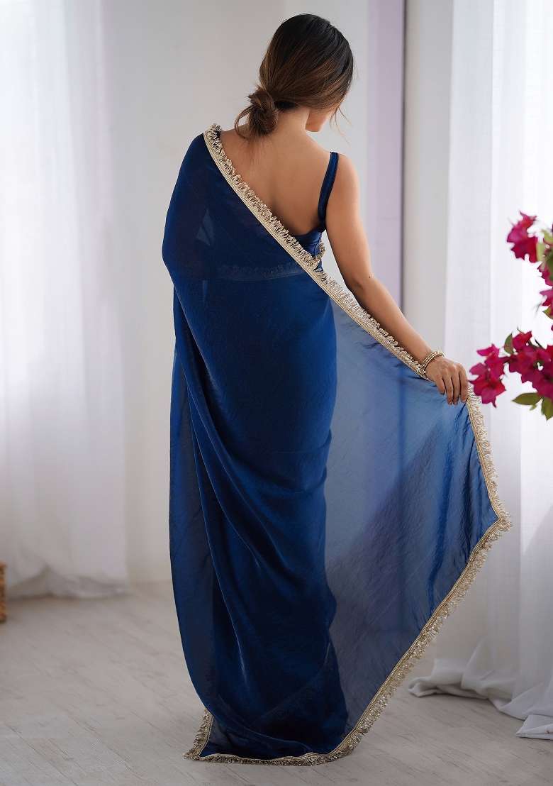 Teal Blue Satin Saree Set with Printed for Diwali | Wedding & Festive Wear - Indya
