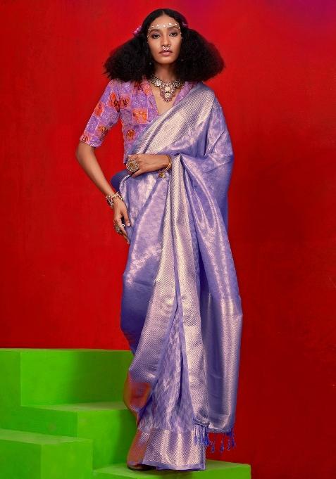 Sea Green Printed Tissue Saree Set — view on Indya