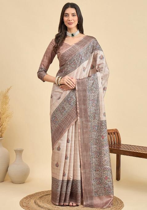 Beige Printed Manipuri Silk Saree Set — view on Indya