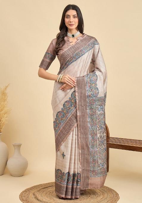 Beige Printed Manipuri Silk Saree Set — view on Indya