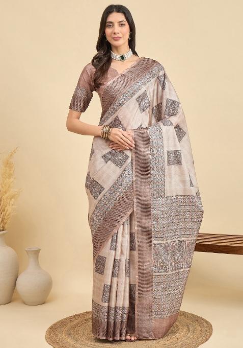Beige Printed Manipuri Silk Saree Set — view on Indya