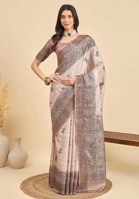 Beige Printed Manipuri Silk Saree Set — view on Indya