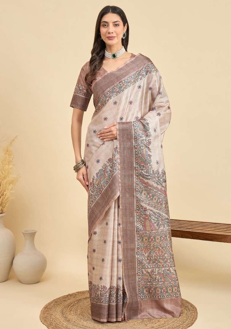 Beige Printed Manipuri Silk Blend Saree Set - Indya