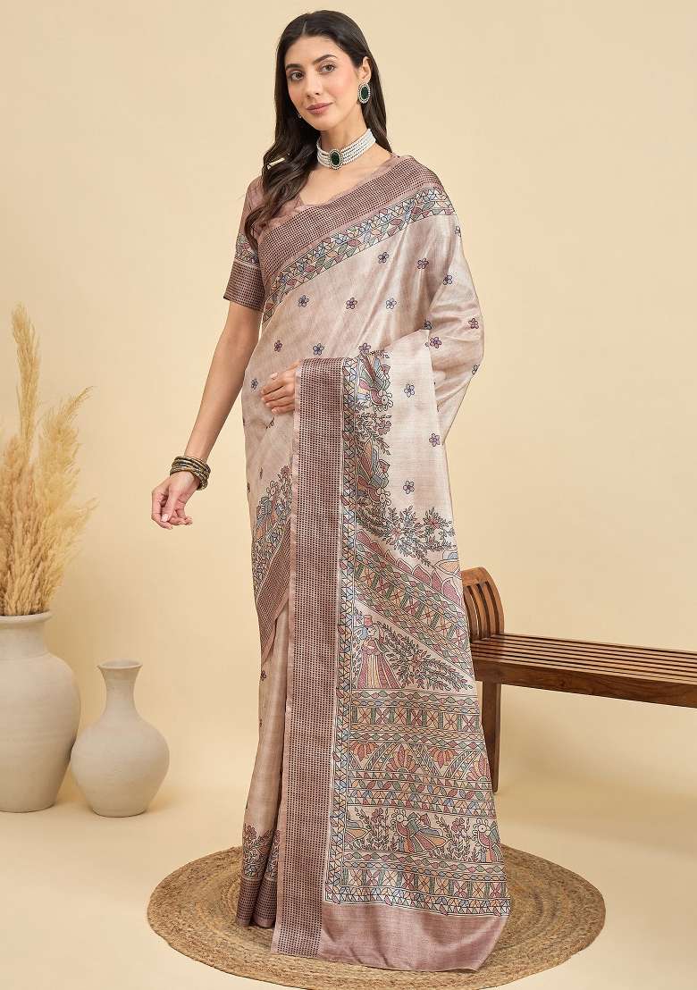 Beige Printed Manipuri Silk Blend Saree Set - Indya