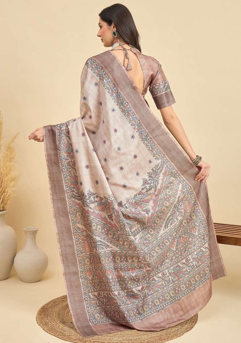 Beige Printed Manipuri Silk Blend Saree Set - Indya