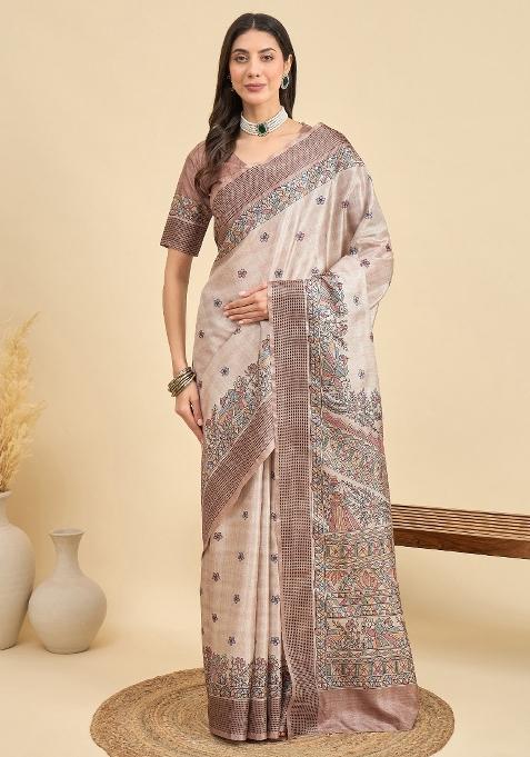 Beige Printed Manipuri Silk Saree Set — view on Indya
